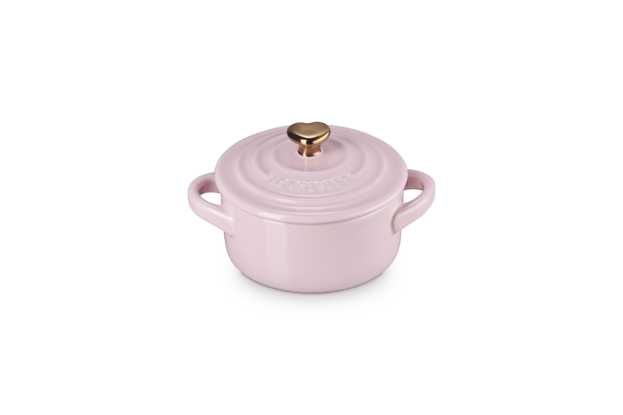 le-creuset-stoneware-mini-round-cocotte-8-oz-chiffon-pink-with-gold-heart-knob image 1