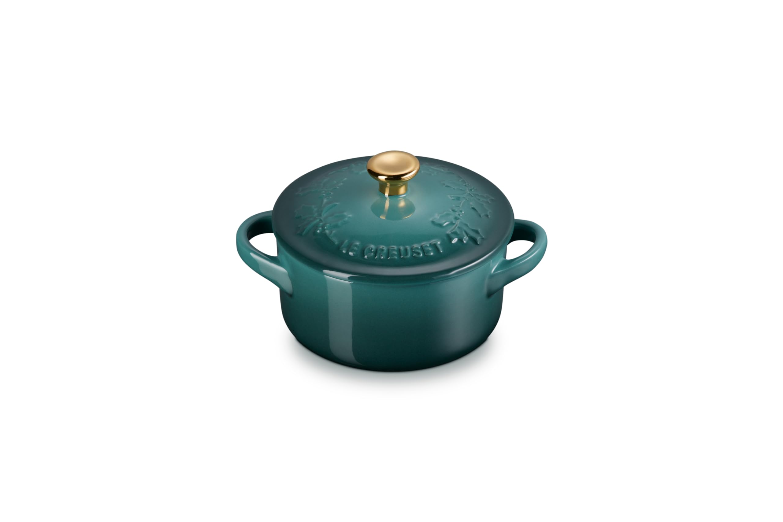 le-creuset-holly-collection-mini-round-cocotte-8-oz-artichaut-with-gold-knob image 1