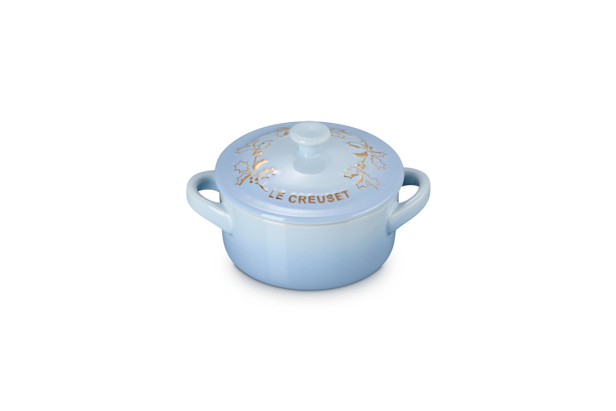 le-creuset-holly-collection-mini-round-cocotte-8-oz-cerise-with-gold-applique image 8