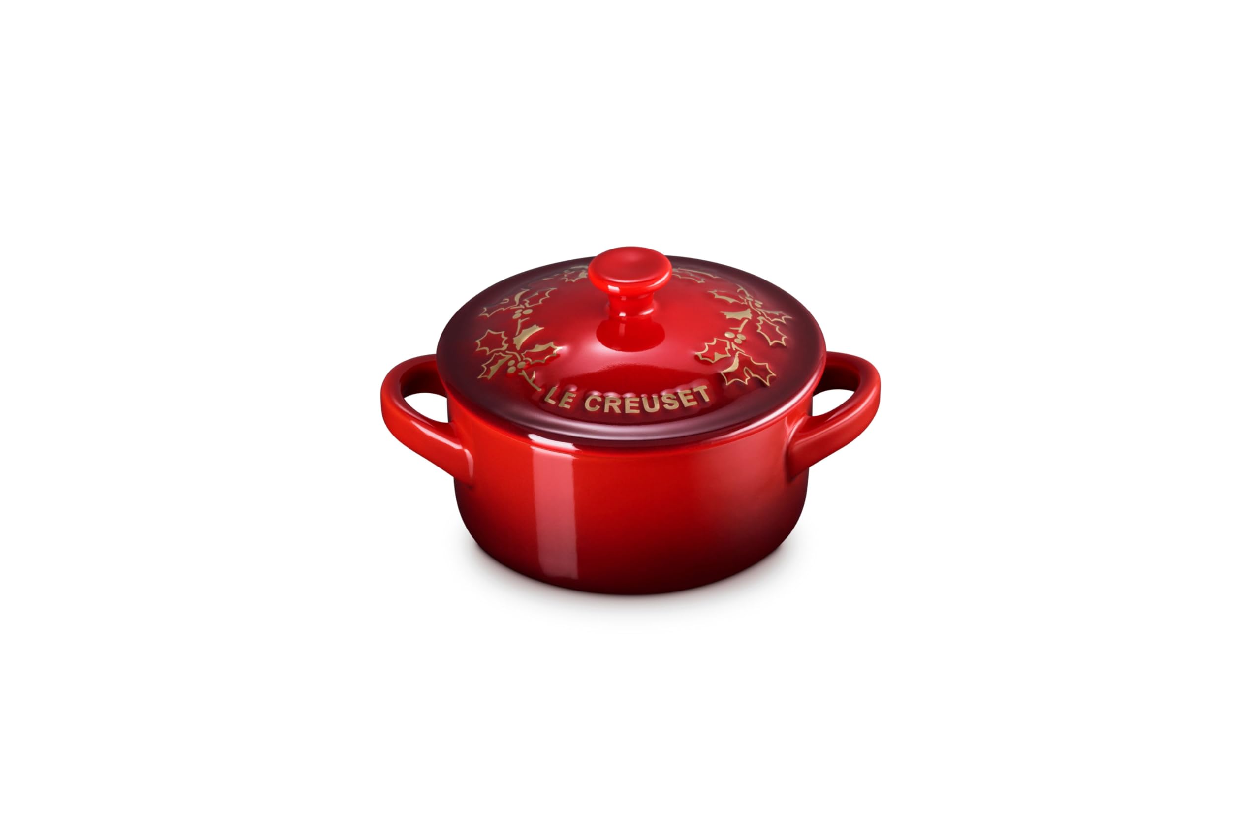 le-creuset-holly-collection-mini-round-cocotte-8-oz-cerise-with-gold-applique image 1