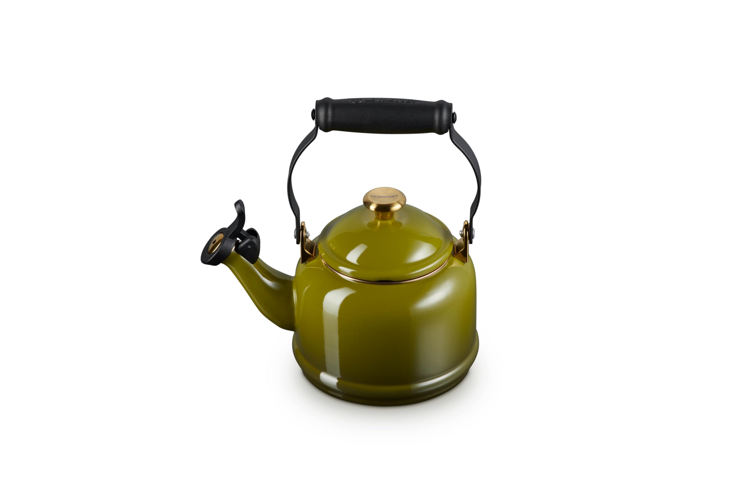 le-creuset-enamel-on-steel-demi-tea-kettle-with-metal-finishes-1-25-qt-olive image 1