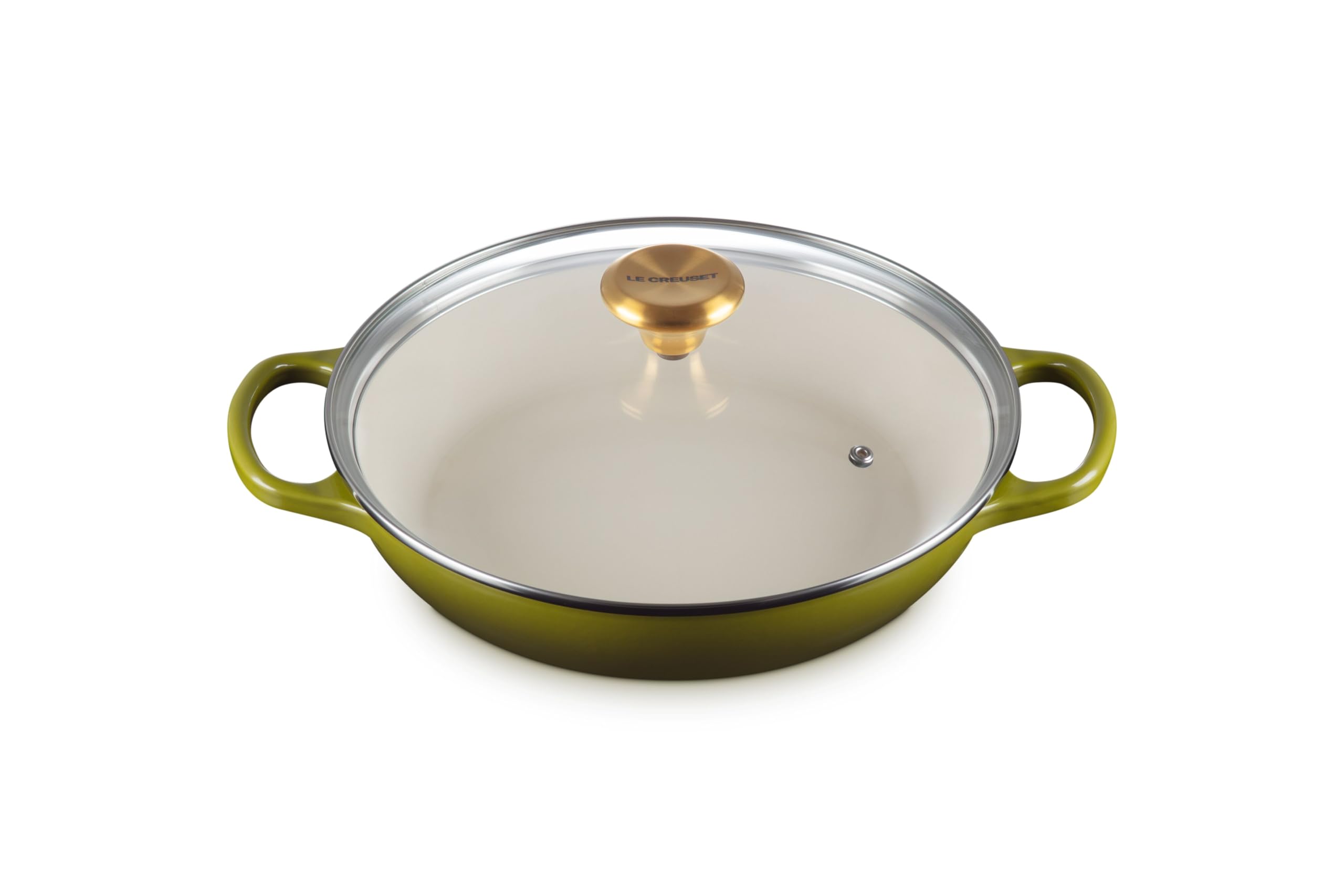 le-creuset-signature-round-braiser-with-glass-lid-and-gold-knob-2-25-qt-olive image 1
