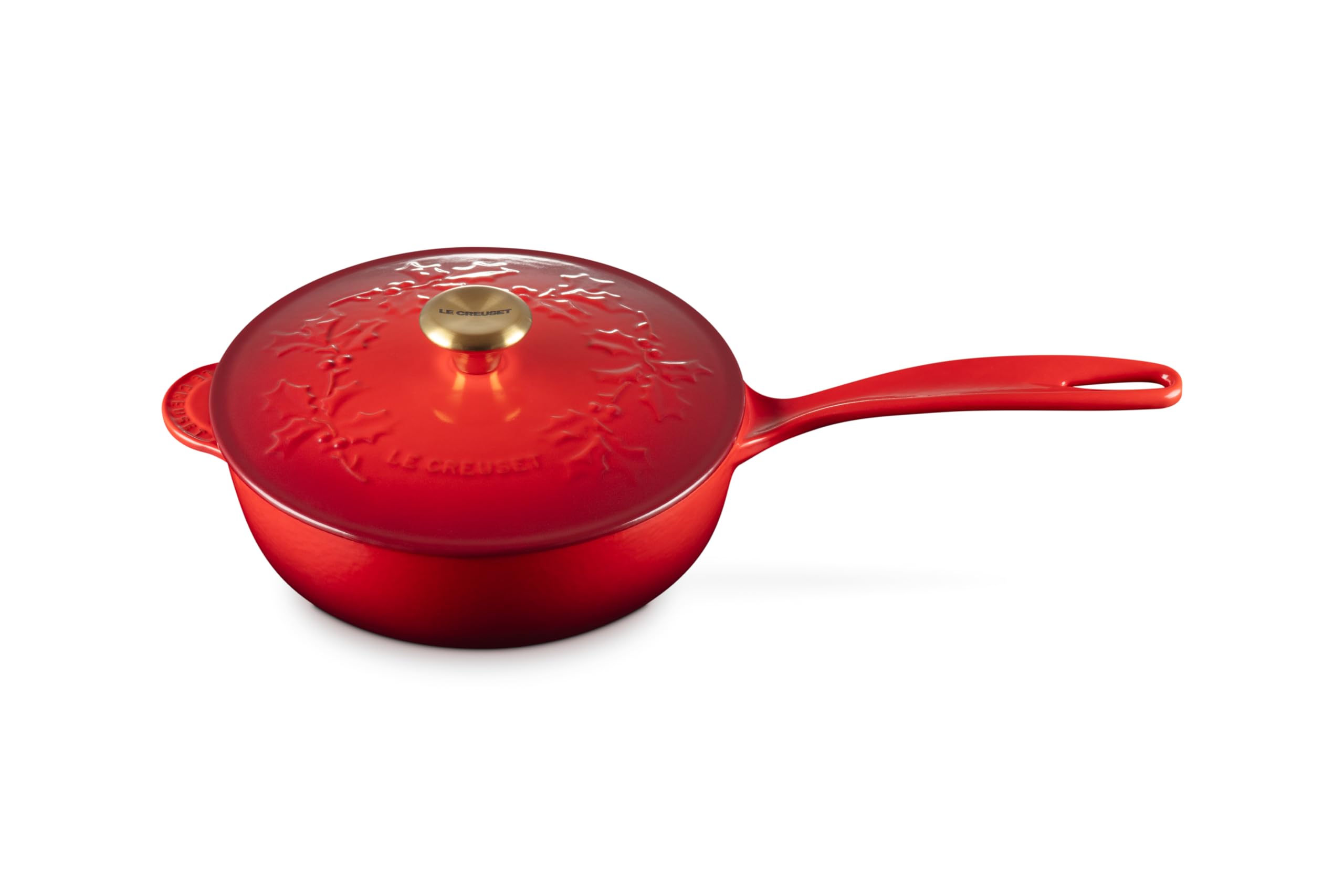 le-creuset-holly-collection-enameled-cast-iron-saucier-2-25-qt-cerise-with-gold- image 1