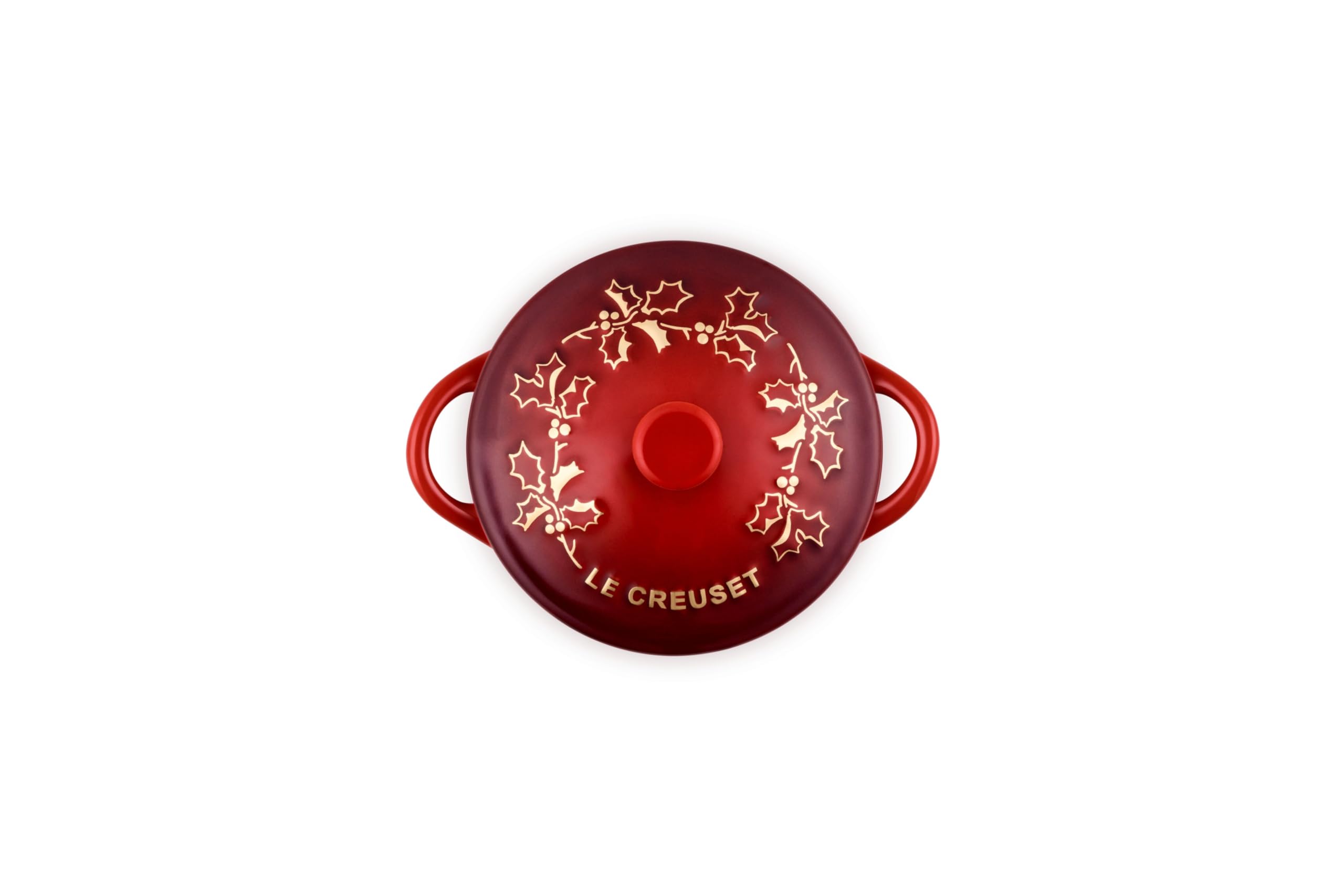 le-creuset-holly-collection-mini-round-cocotte-8-oz-cerise-with-gold-applique image 2