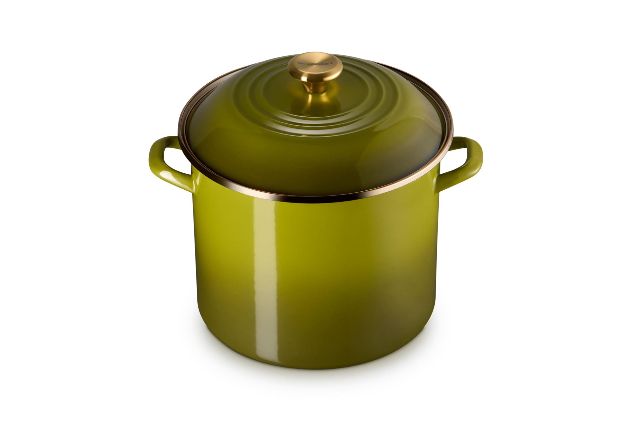 le-creuset-enamel-on-steel-traditional-stockpot-12-qt-olive-with-stainless-steel image 1