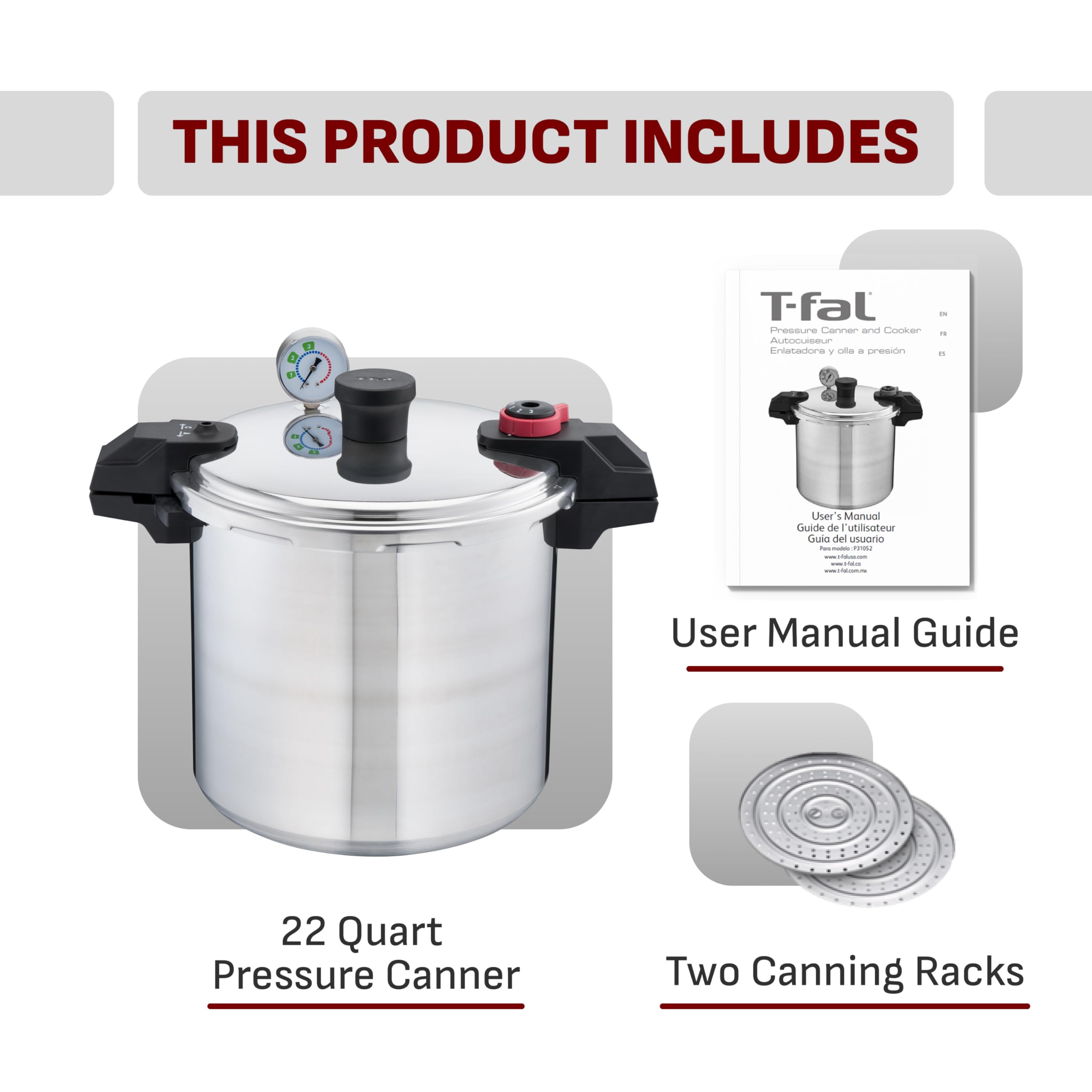 t-fal-22-quart-aluminum-pressure-canner-with-racks-canning-guide-silver image 2