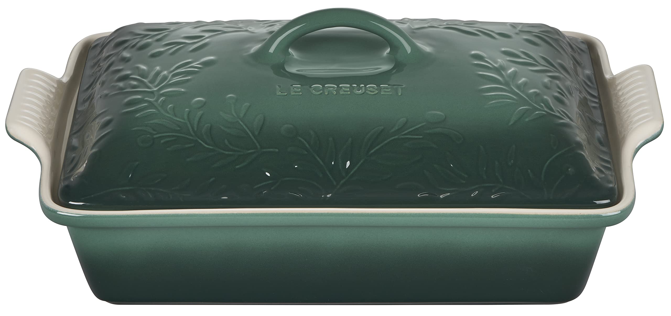 le-creuset-olive-branch-stoneware-covered-rectangular-casserole-4-qt-artichaut image 1