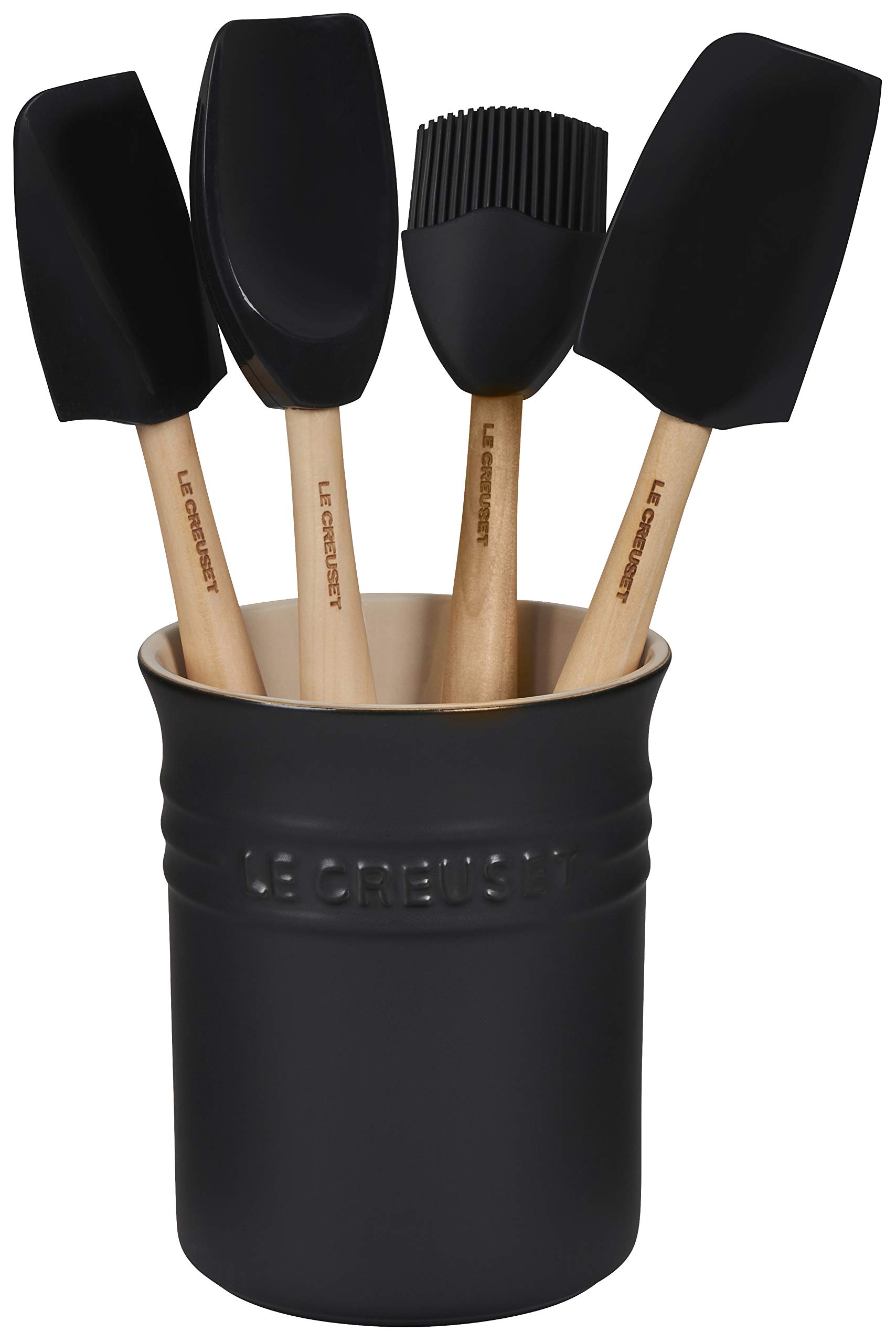 le-creuset-silicone-craft-series-utensil-set-with-stoneware-crock-5-pc-licorice image 1