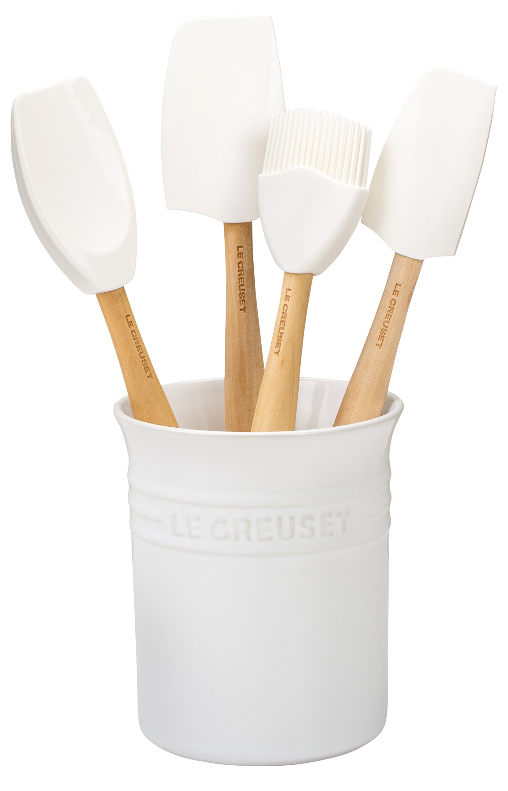le-creuset-silicone-craft-series-5-piece-utensil-set-with-stoneware-crock-white image 1