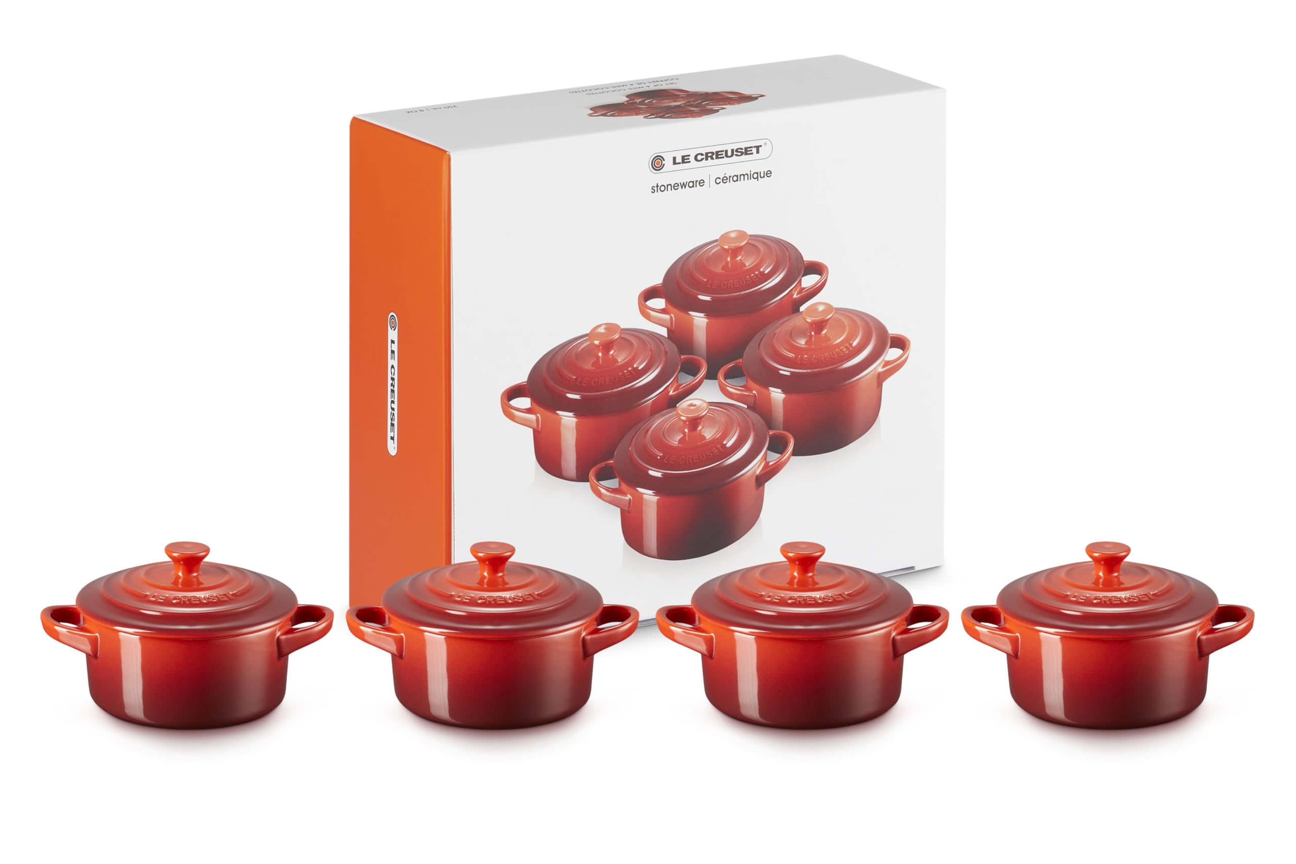 le-creuset-stoneware-mini-cocottes-set-of-4-with-cookbook-8-oz-each-cerise image 1