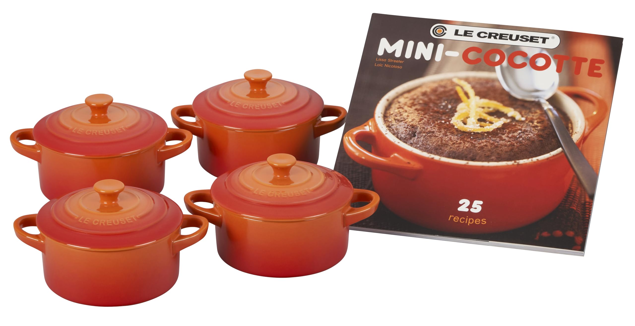 le-creuset-stoneware-set-of-4-mini-cocottes-with-cookbook-8-oz-each-flame image 1