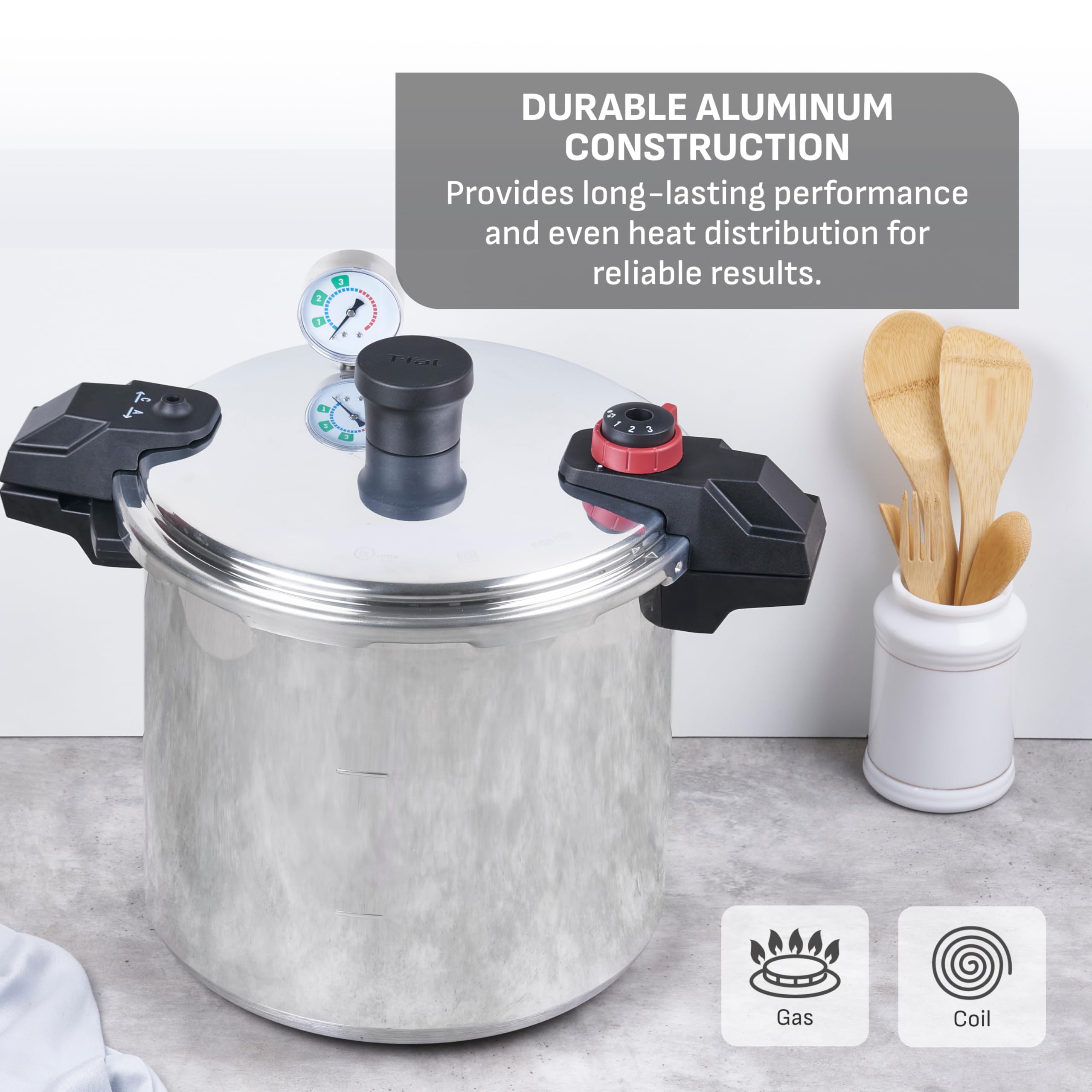 t-fal-22-quart-aluminum-pressure-canner-with-racks-canning-guide-silver image 8