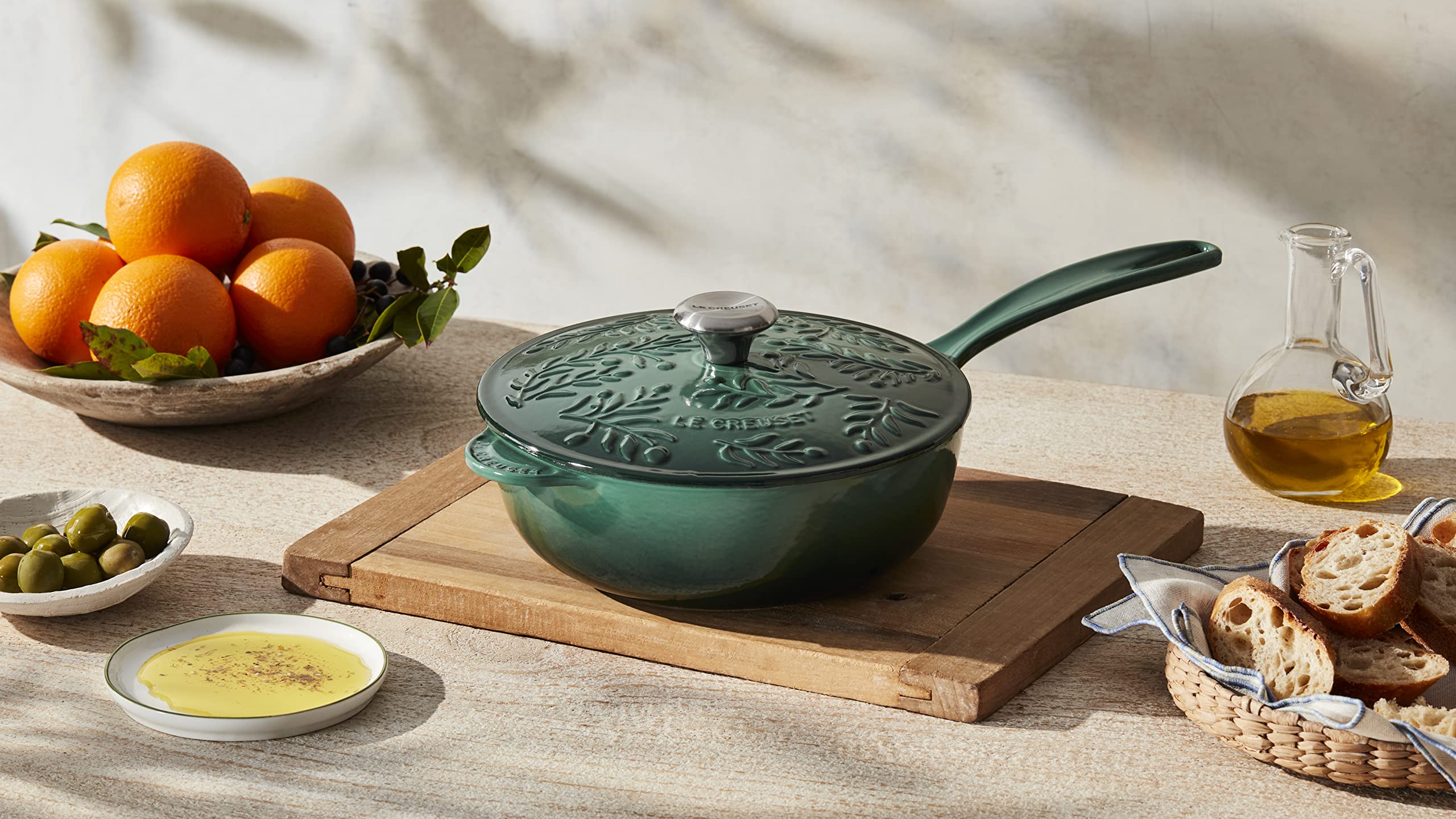 le-creuset-olive-branch-collection-enameled-cast-iron-saucier-2-25-qt-marseille- image 6