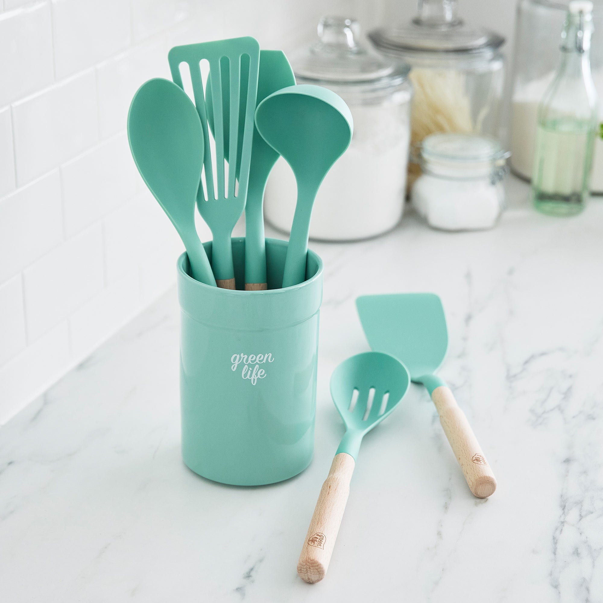 greenlife-nylon-wood-cooking-utensils-with-ceramic-crock-7-piece-set image 1